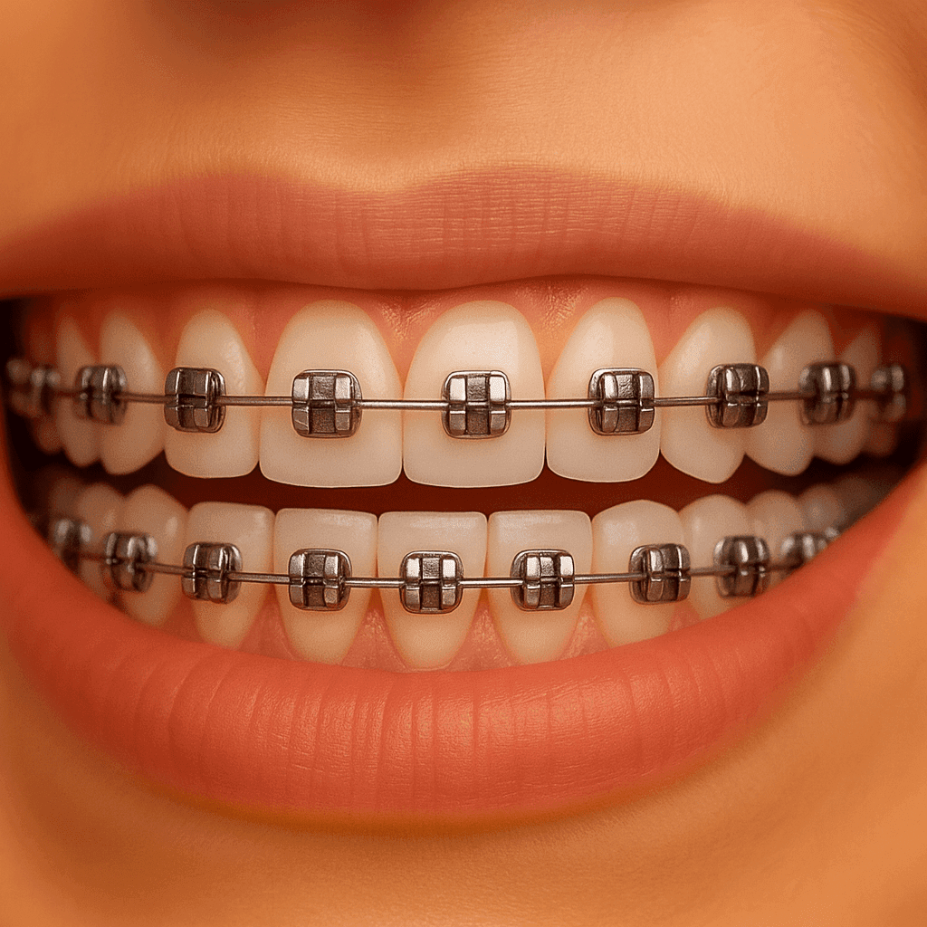 Appareil dentaire à brackets métalliques sans élastiques, avec fil discret – solution orthodontique efficace et confortable pour adultes